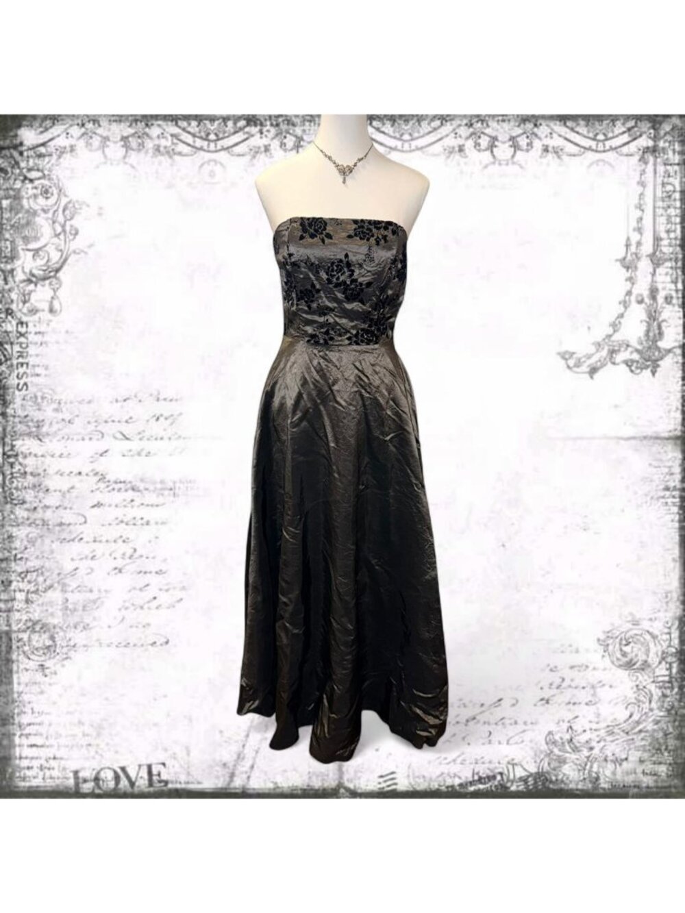 Vintage Gothic Strapless Silver Black Flocked Floral Prom Dress Formal Maxi Gown